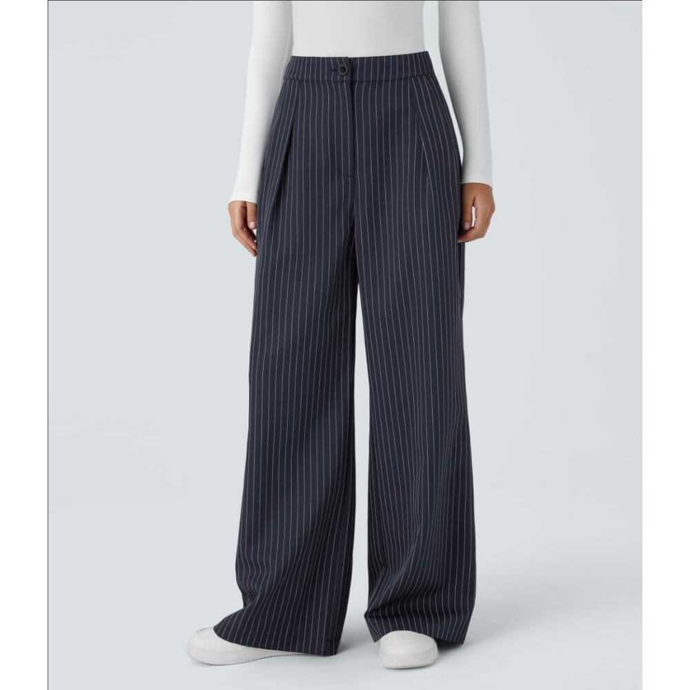 Sz Med HALARA Navy High-Waist Zipper Pocket Wide Leg Baggy Striped Work Pants